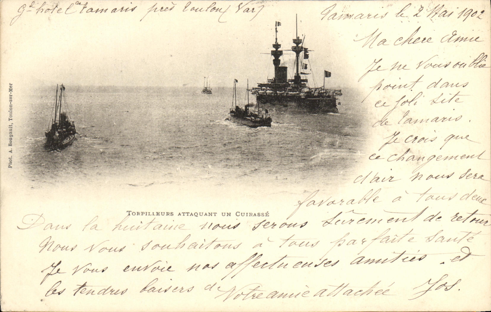 Torpilleurs attaquant un cuirassé — Toulon-sur-Mer — Phot. A. Bougault