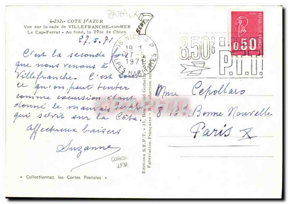 Vue sur la rade de VILLEFRANCHE-sur-MER — Le Cap-Ferrat — Au fond, la Tête de Chien — Éditions S.E.P.T. — n°4-232 — Verso
