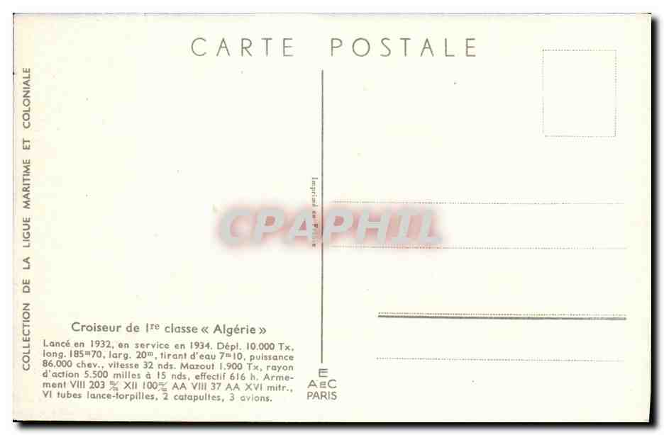 CPA Bateau Guerre Croiseur Algerie Haffner — Verso