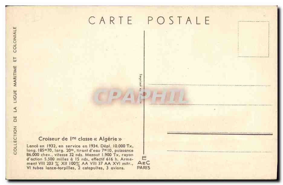 CPA Bateau Guerre Croiseur de 1ere clasee Algerie Haffner — Verso