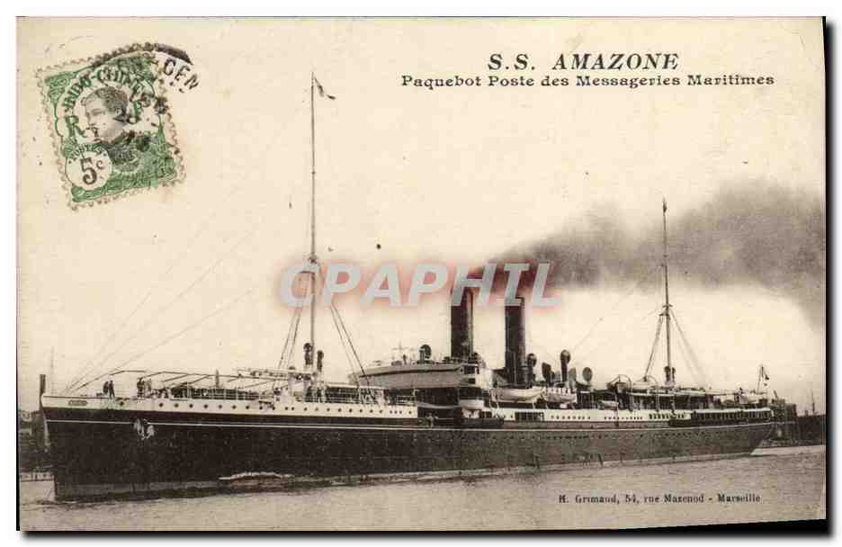 S.S. AMAZONE — Buque postal de las Messageries Maritimes — H. Grimaud, 54 rue Marenod - Marsella