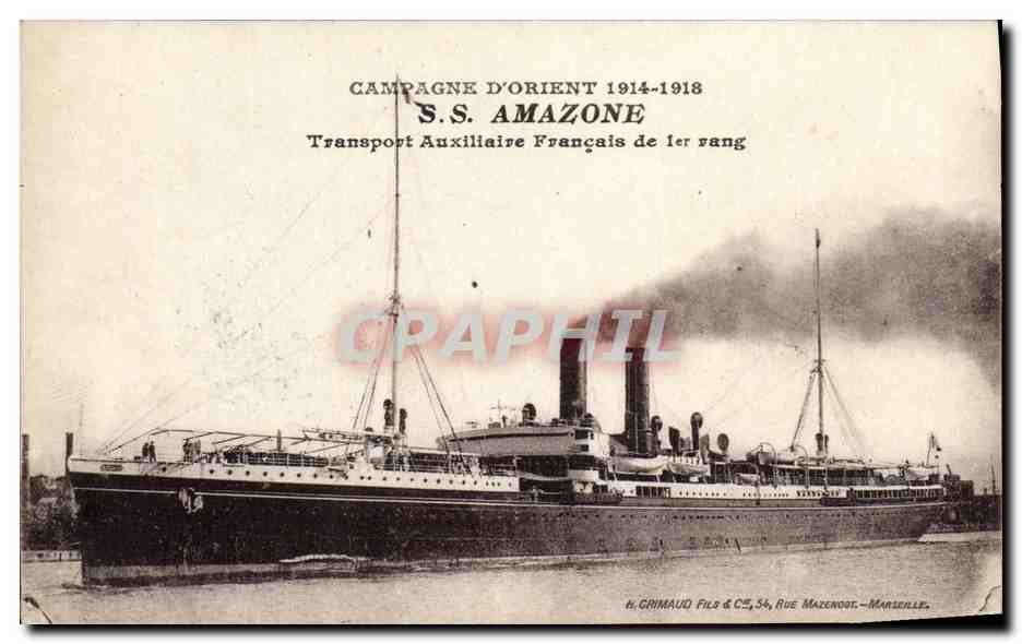 S.S. AMAZONE — Transport Auxiliaire Français de 1er rang — H. GRIMAUD FILS & CIE, Rue Mazenod, Marseille