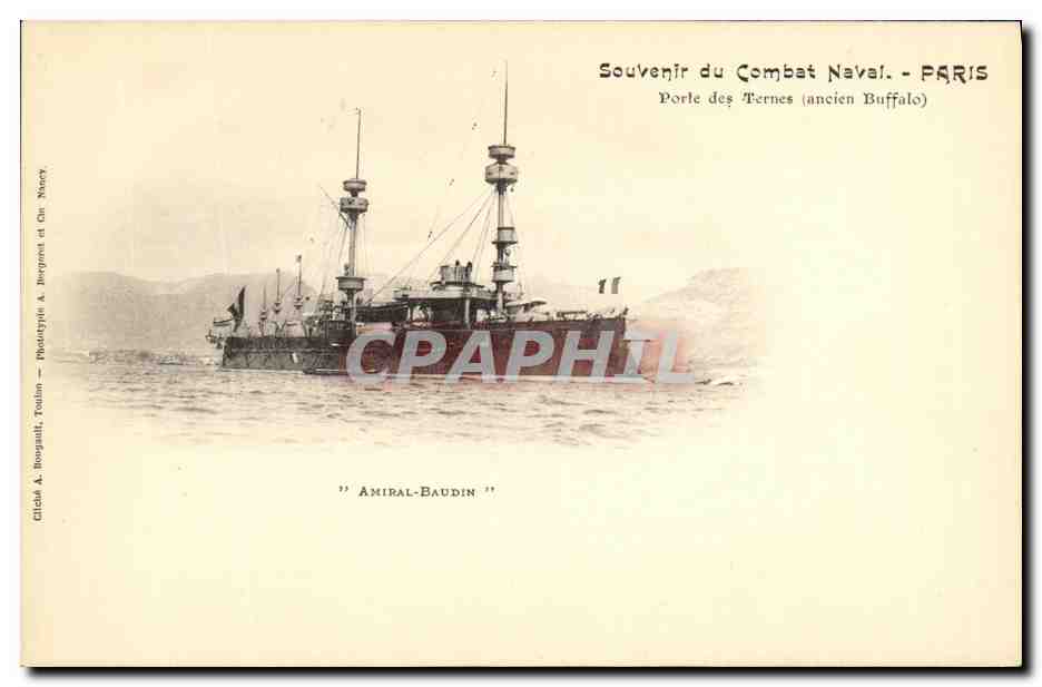 CPA Bateau Guerre Souvenir du Combat Naval Paris Porte des Ternes Amiral Baudin 