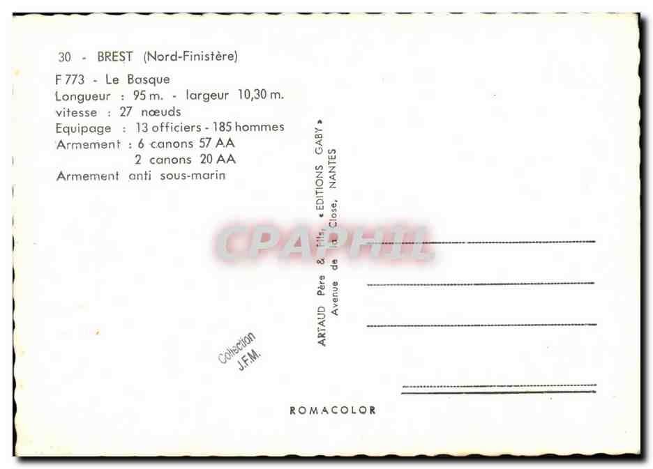 CPM Bateau Guerre Brest Nord Finistere Le Basque Armement anti sous marin — Verso