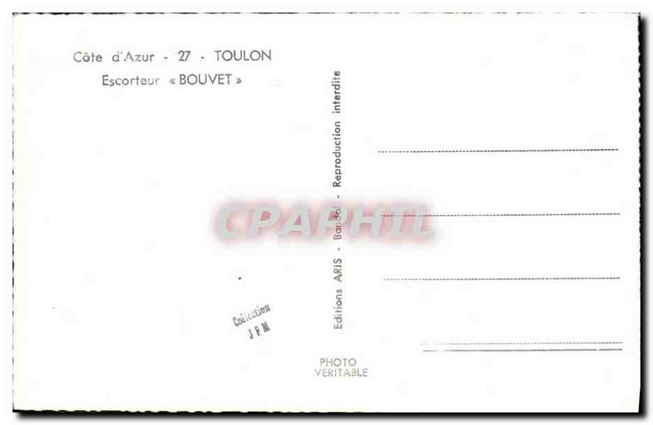 CPM Bateau Guerre Cote d Azur Toulon Escorteur Bouvet  — Verso
