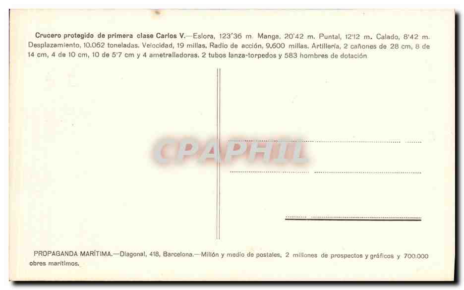 CPA Bateau Guerre Crucero protegido de primera clase Carlos V — Verso