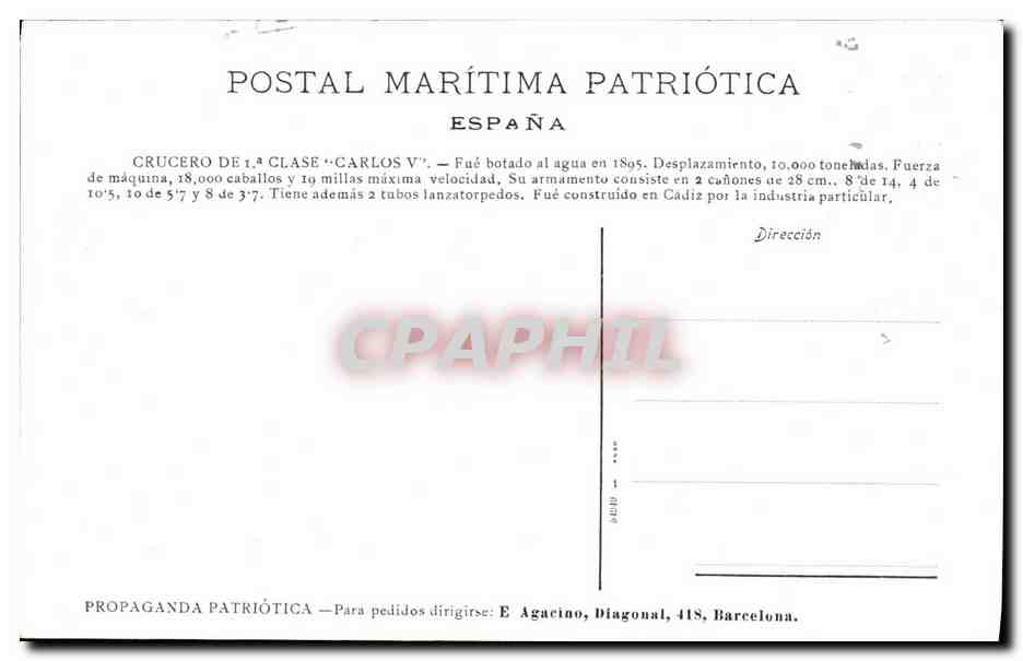CPA Bateau Guerre Crucero De Clase Carlos V — Verso