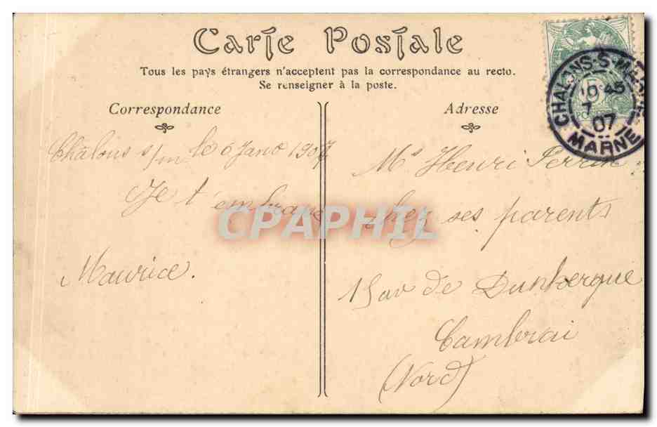 Marine Militaire — Le Post du Contre-Torpilleur « Cassini » — Éditeur ND PRA — Verso