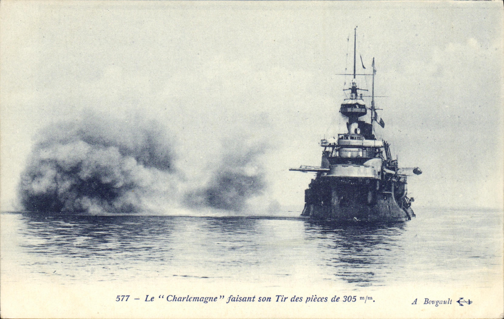 Le "Charlemagne" faisant son tir des pièces de 305 m/m — A. Bougault, n° 577