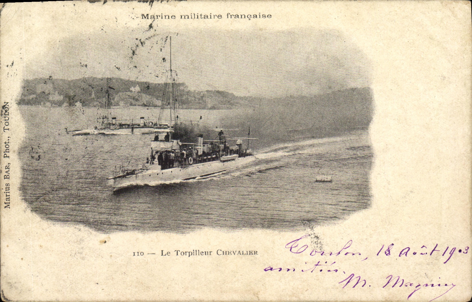 Le Torpilleur Chevalier — Marine militaire française — Marius BAR, Phot., Toulon, n°110