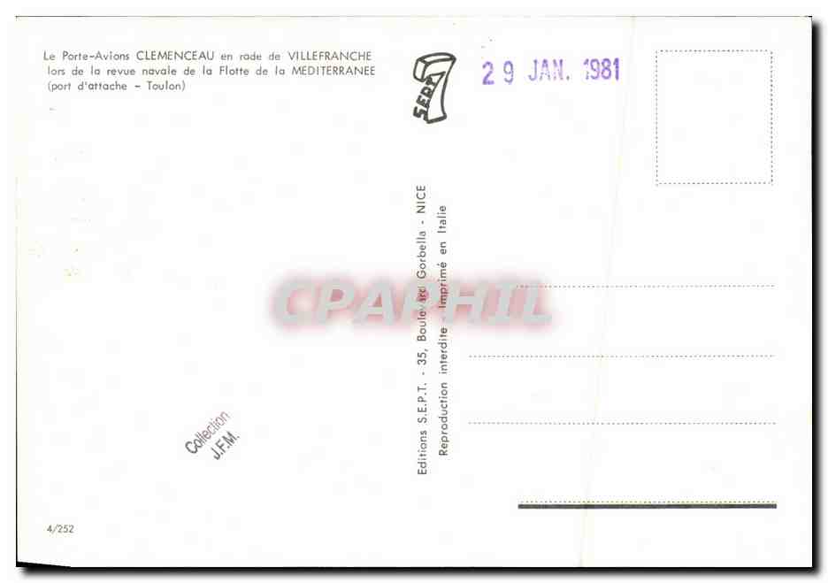 Porte-avions Clemenceau en rade de Villefranche — revue navale de la Flotte de la Méditerranée — Éditions S.E.P.T. - 35, Boulevard Gorbella - Nice — Verso