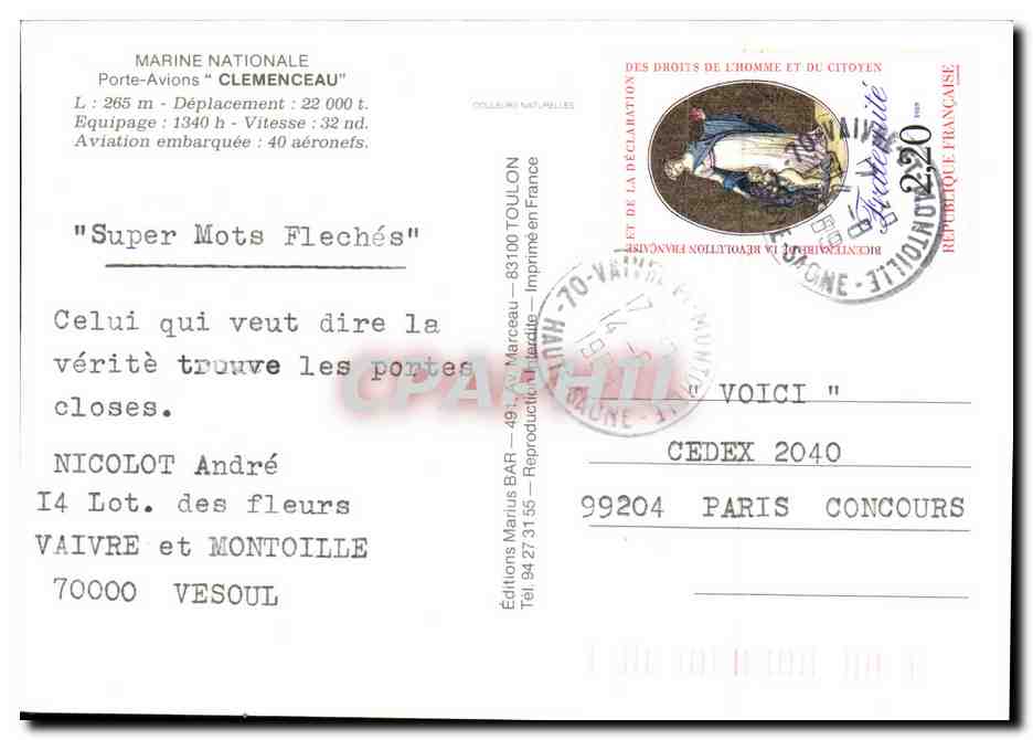 CPM Bateau Guerre Le Porte Avions Clemenceau en Rode de Villefranche — Verso