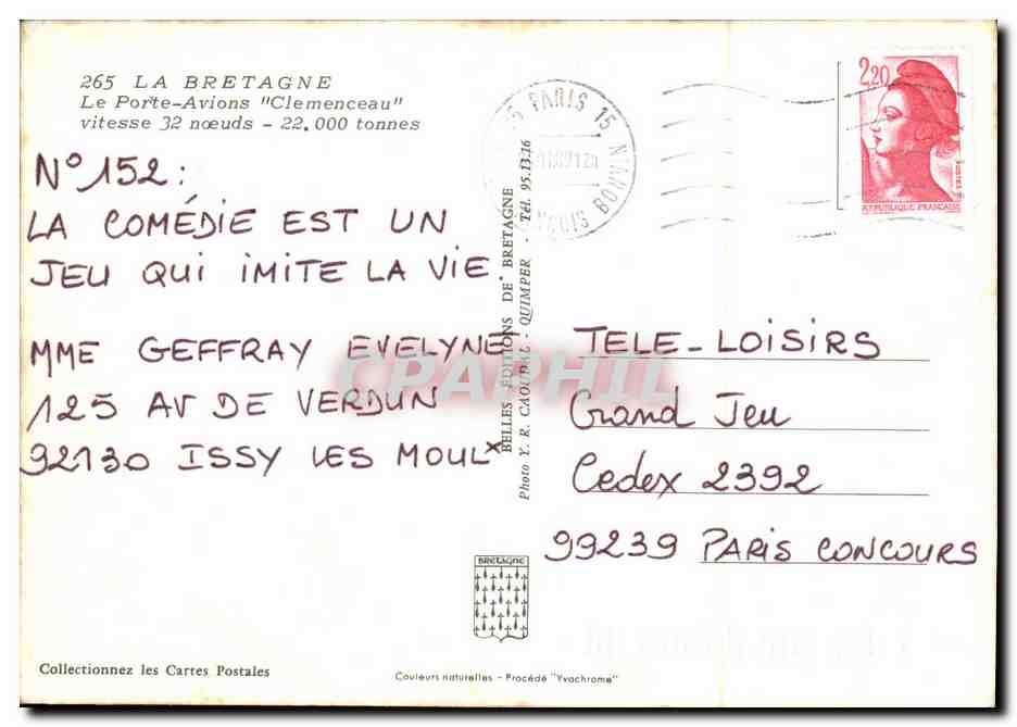 Porte-avions "Clemenceau" — 22.000 tonnes — éditeur: Phyllis-Follons de Bretagne, n°152 — Reverso