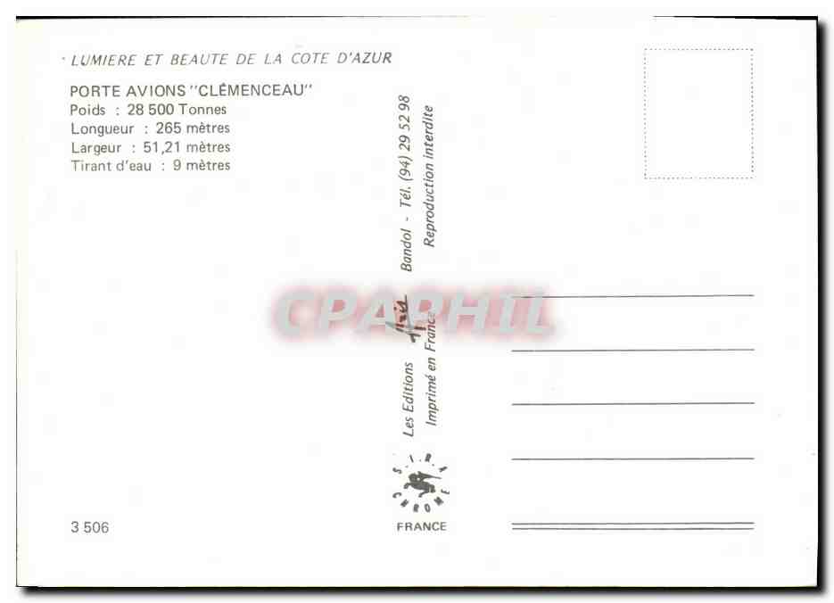 CPm Bateau Guerre Clemenceau Porte Avions — Verso