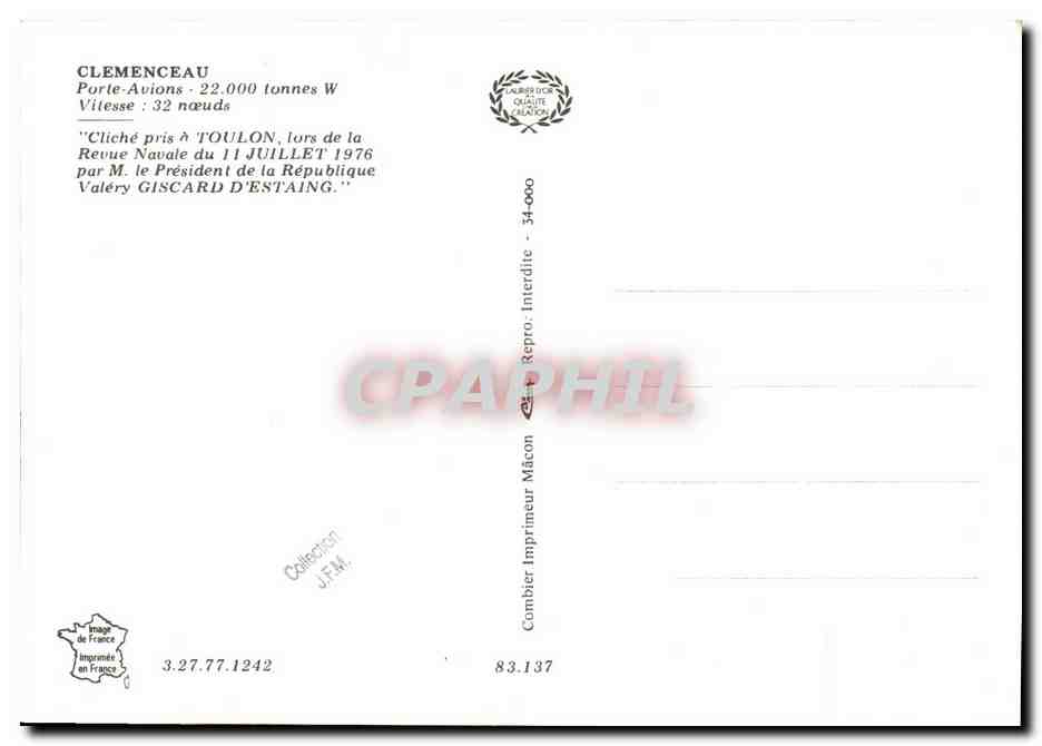 Porte-avions Clemenceau — à Toulon lors de la Revue Navale — éditeur J.F.M. n° 34-000 — Verso
