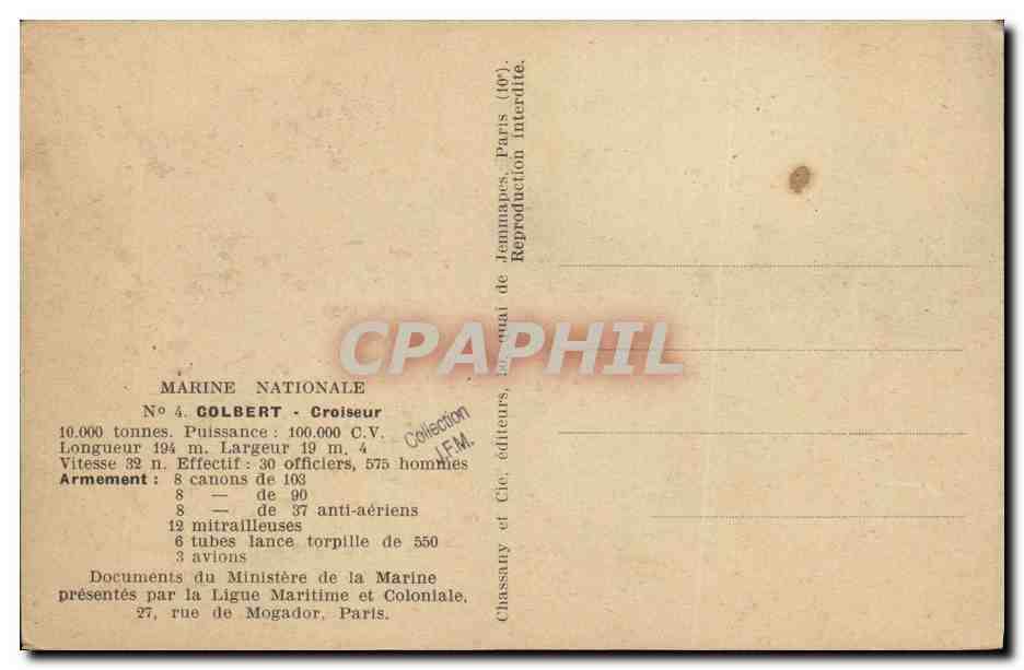 CPA Bateau Guerre Croiseur Lance Missiles Colbert — Verso