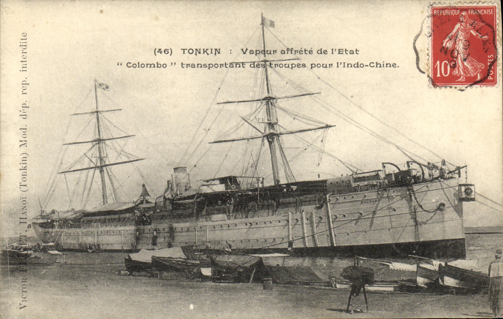 Tonkin — Vapeur 'Colombo' transportant des troupes pour l'Indo-Chine — (46) — éditeur Victor Hiet, Hanoï