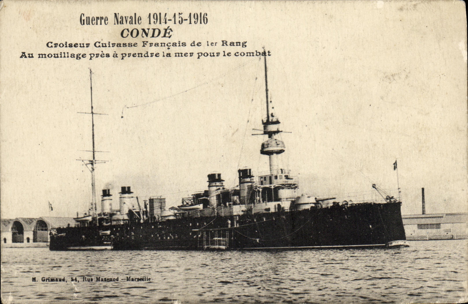 CPA Bateau Guerre Conde Croiseur Cuirasse Francais de 1er Rang Au Mouillage Pres a Prendre la Mer pour le combat