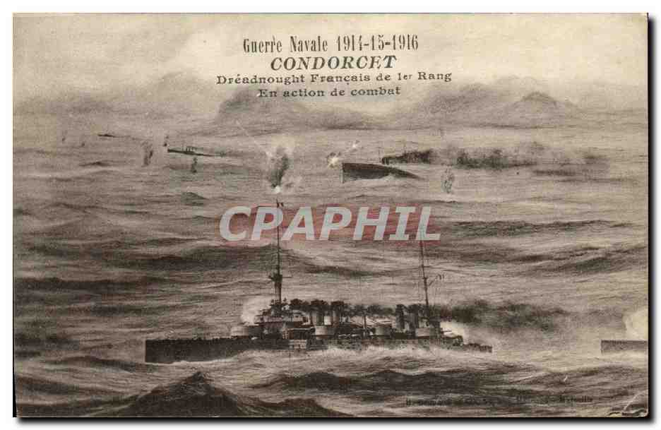 CPA Bateau Guerre Condorcet Dreadnought Francais de 1er Rang en action de combat