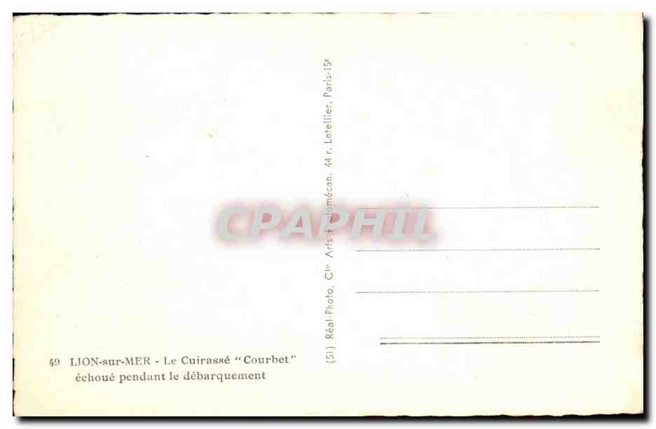 CPM Bateau Guerre Lion sur Mer Le Cuirasse Courbet Echoue Pendant le Debarqument — Verso