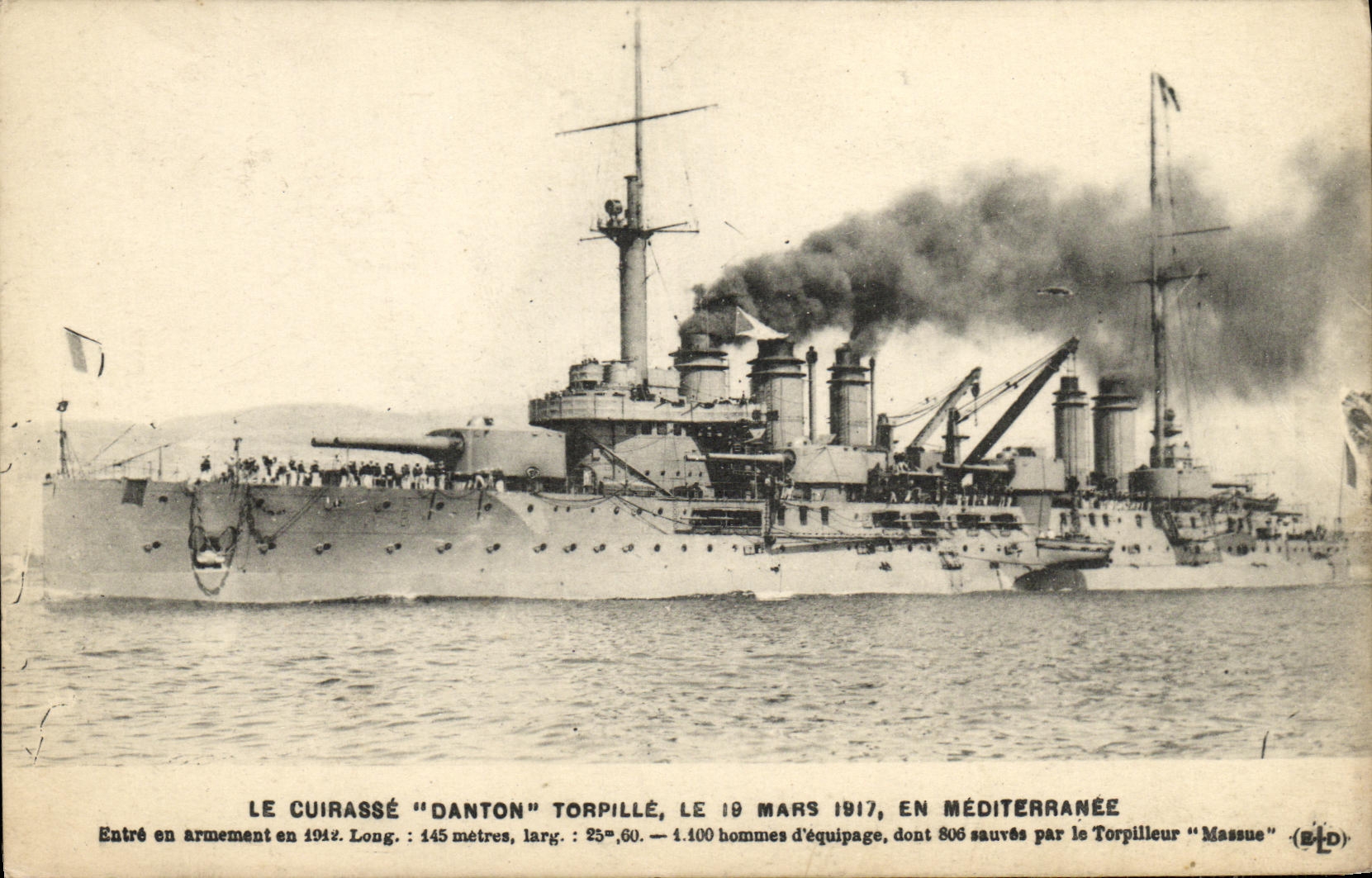 Le cuirassé "Danton" torpillé, le 19 mars 1917, en Méditerranée — Éditeur Le Daley, imp.édit., Paris