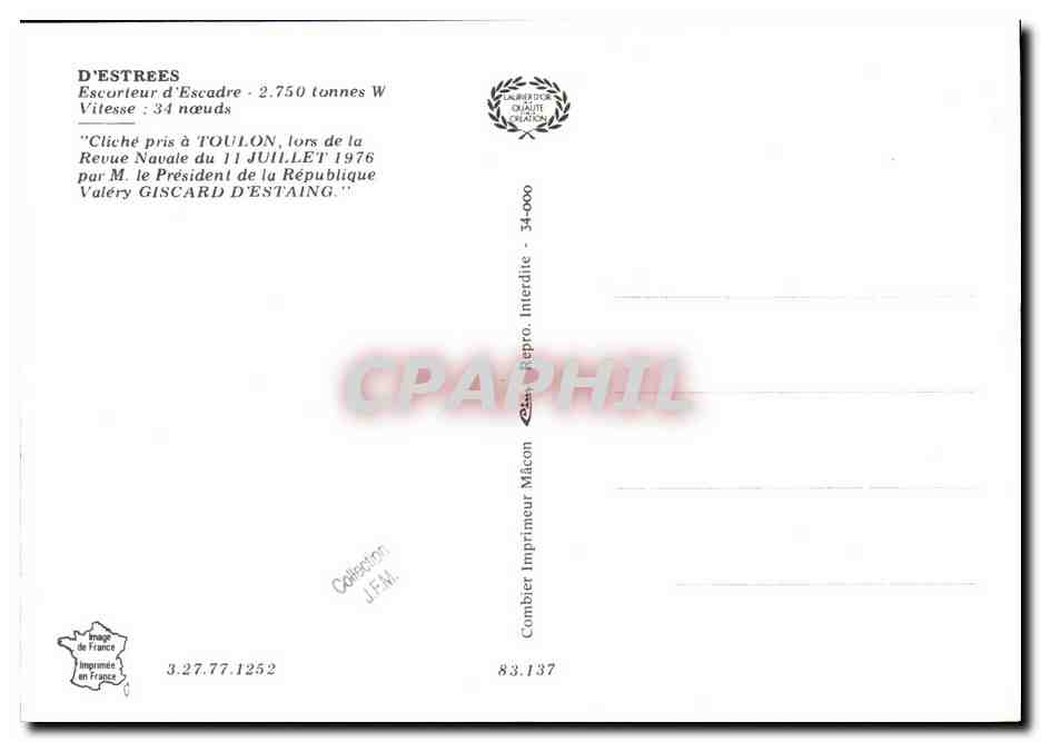 D'ESTREES — Escorteur d'Escadre — Imprimeur Combiet — Verso