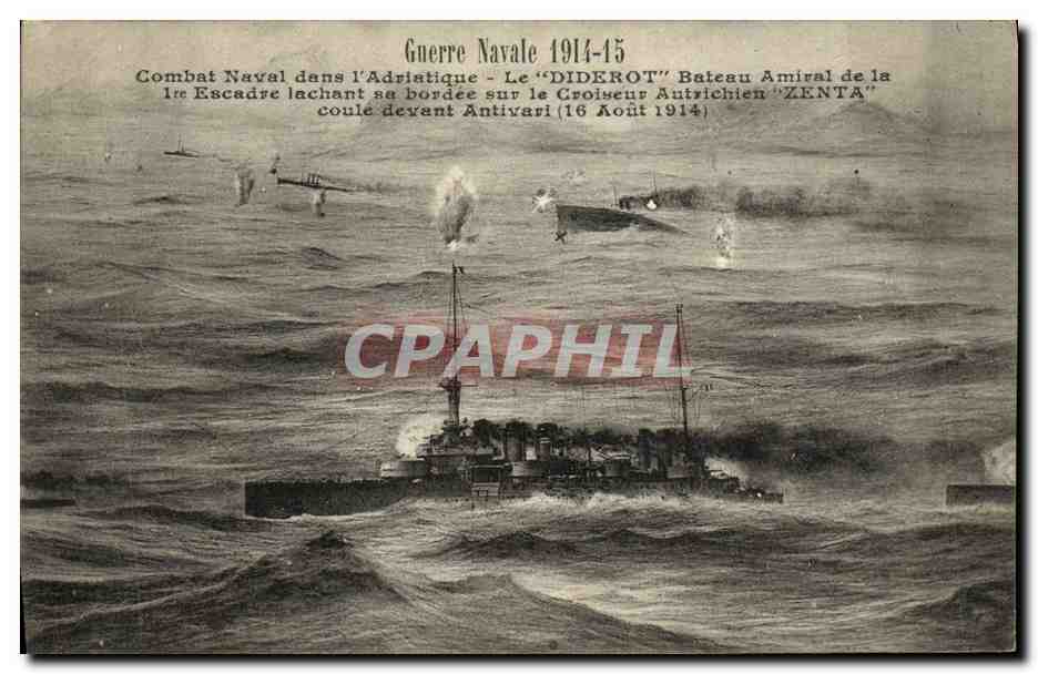 Combat Naval dans l'Adriatique — Le "DIDEROT" Bateau Amiral de la 1re Escadre lachant sa bordée sur le Croiseur Autrichien "ZENTA" coulé devant Antivari (16 Août 1914)