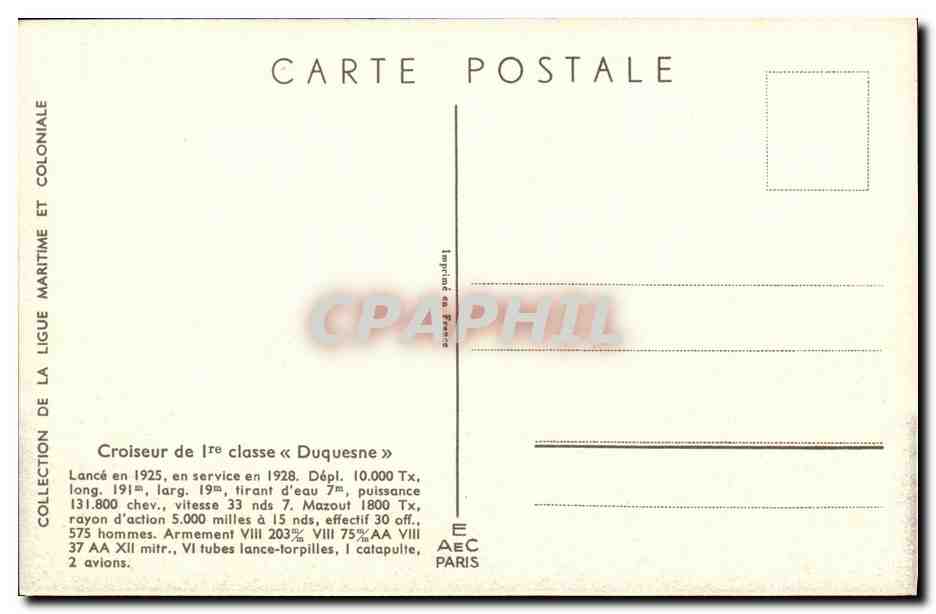 CPA Bateau Guerre Croiseur de Classe Duquesne Haffner  — Verso