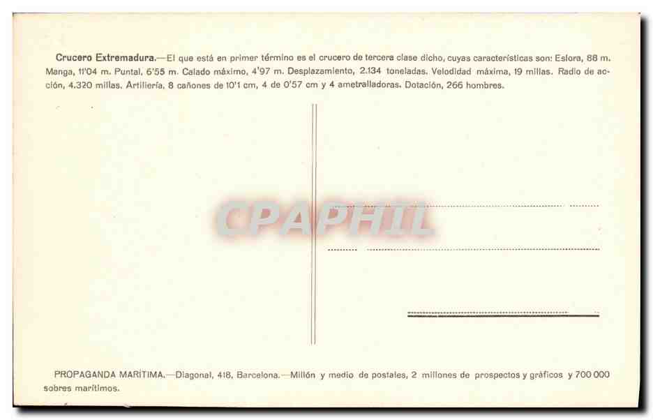 CPA Bateau Guerre Crucero Extremadura  — Verso