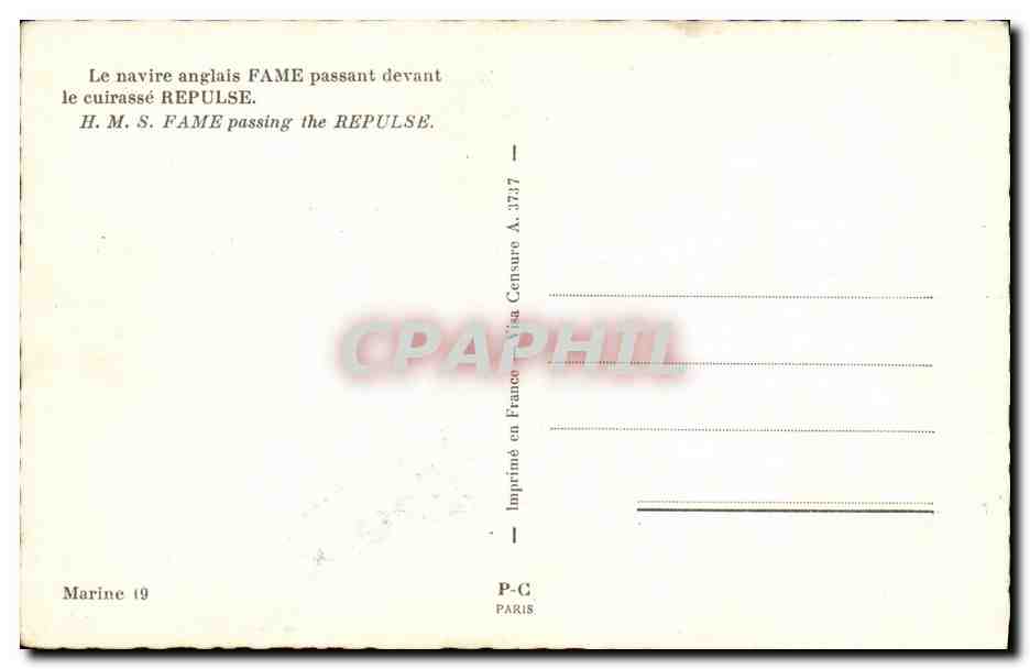 CPM Bateau Guerre Le Navire anglais Fame Passant Devant le Cuirasse Repulse — Verso