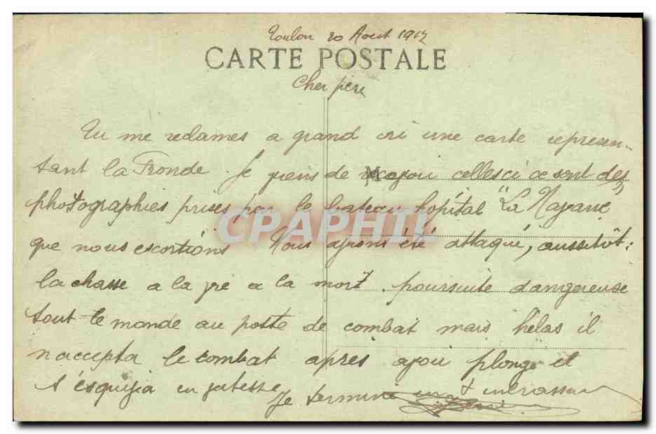CPA Bateau Guerre Fronde Torpilleur Francais Donnant la Chasse a Un Sous Marin en Pleine — Verso