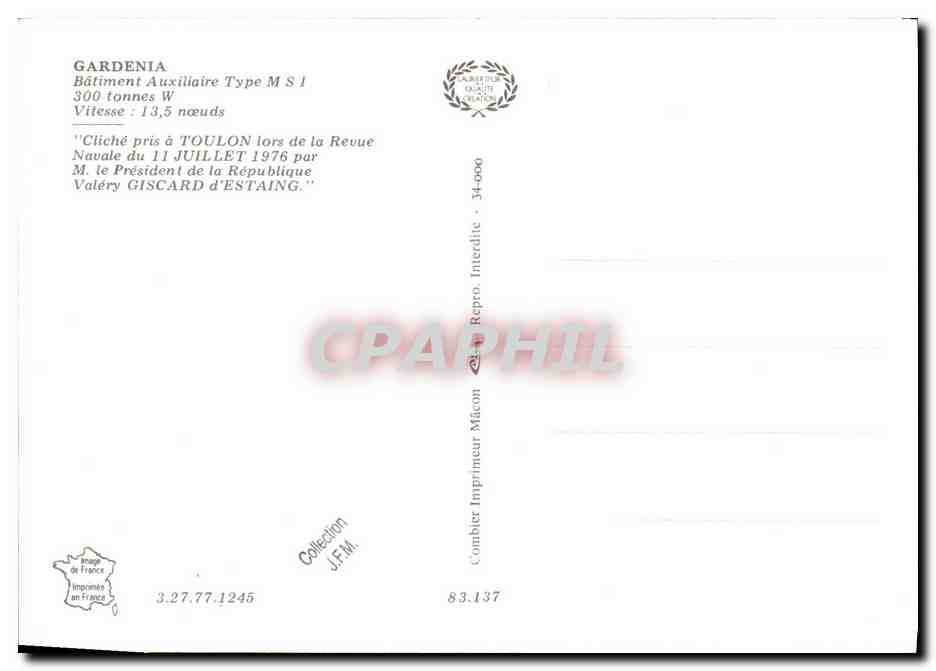 CPM Bateau Guerre Gardenia Batiment Auxiliiare Type MSI — Verso