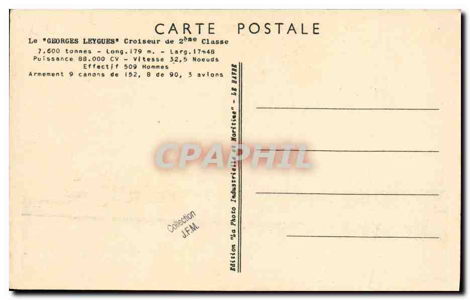CPA Bateau Guerre Marine Militaire Francaise Le Croiseur Cuirasse Georges Leygues  — Verso