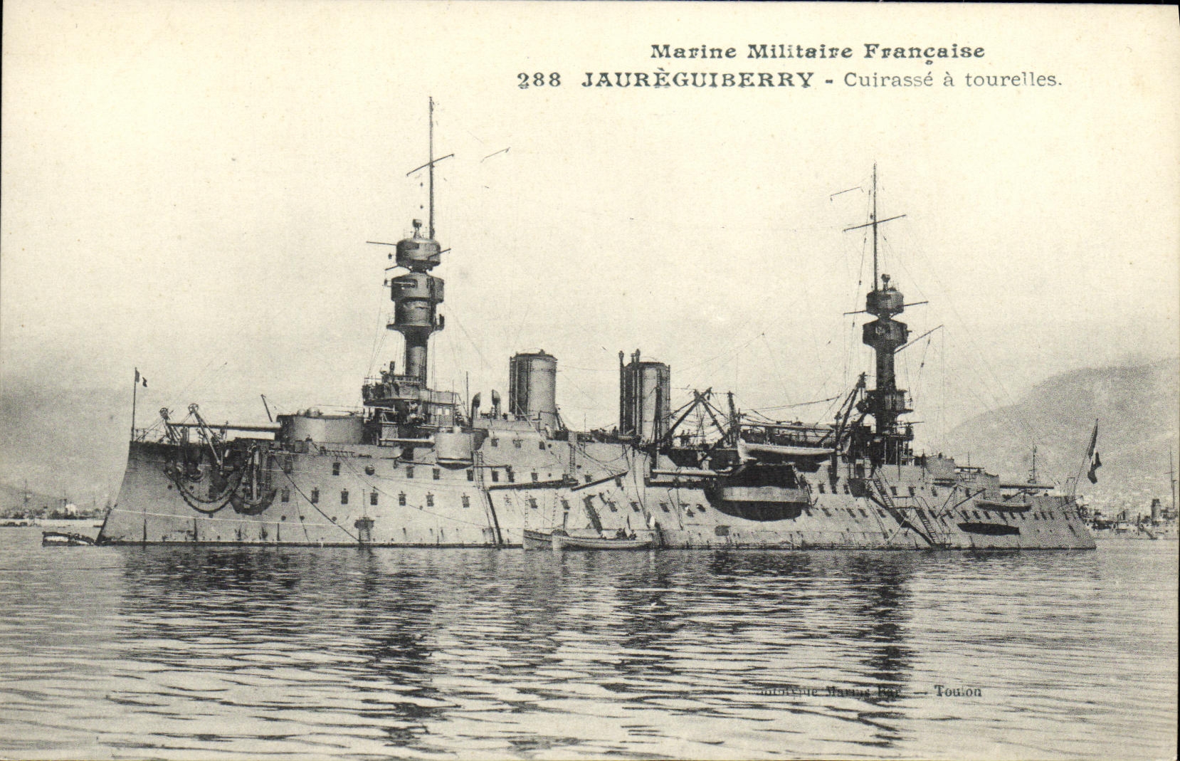 Bateau de guerre français — cuirassé à tourelles Jauréguiberry — éditeur Toulion, n° 288