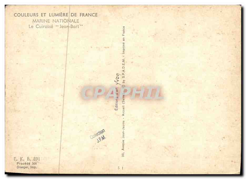 CPM Bateau Guerre Marine Nationale Le Cuirasse Jean Bart — Verso