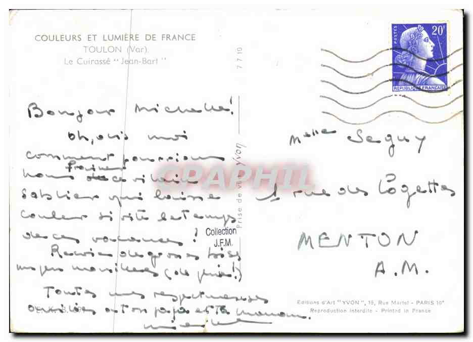 CPM Bateau Guerre Toulon Le Cuirasse Jean Bart — Verso