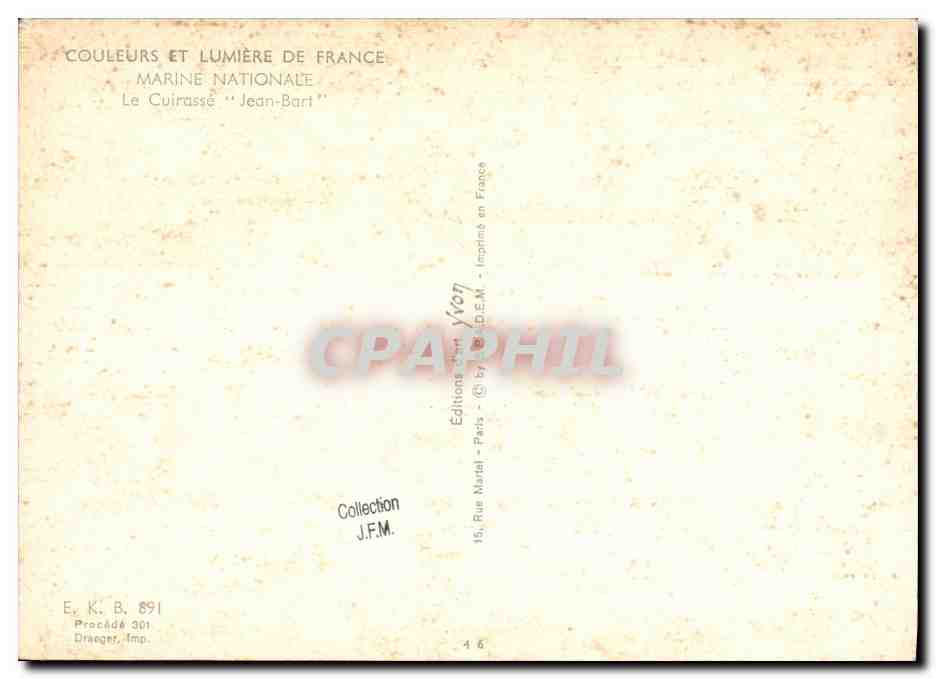 CPM Bateau Guerre Marine Nationale Le Cuirasse Jean Bart — Verso