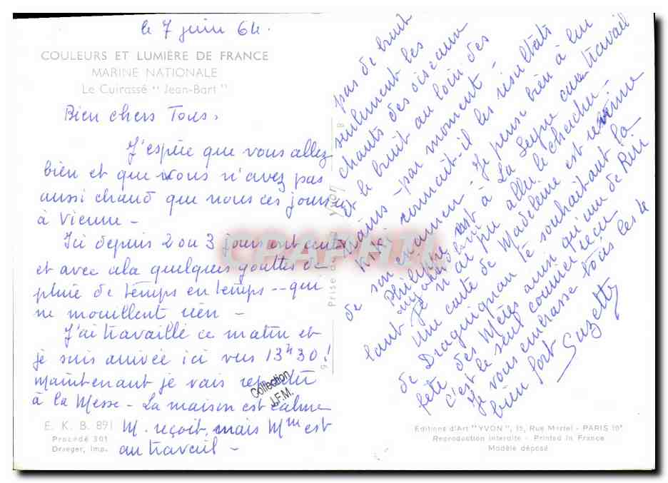 CPM Bateau Guerre Marine Nationale Le Cuirasse Jean Bart — Verso