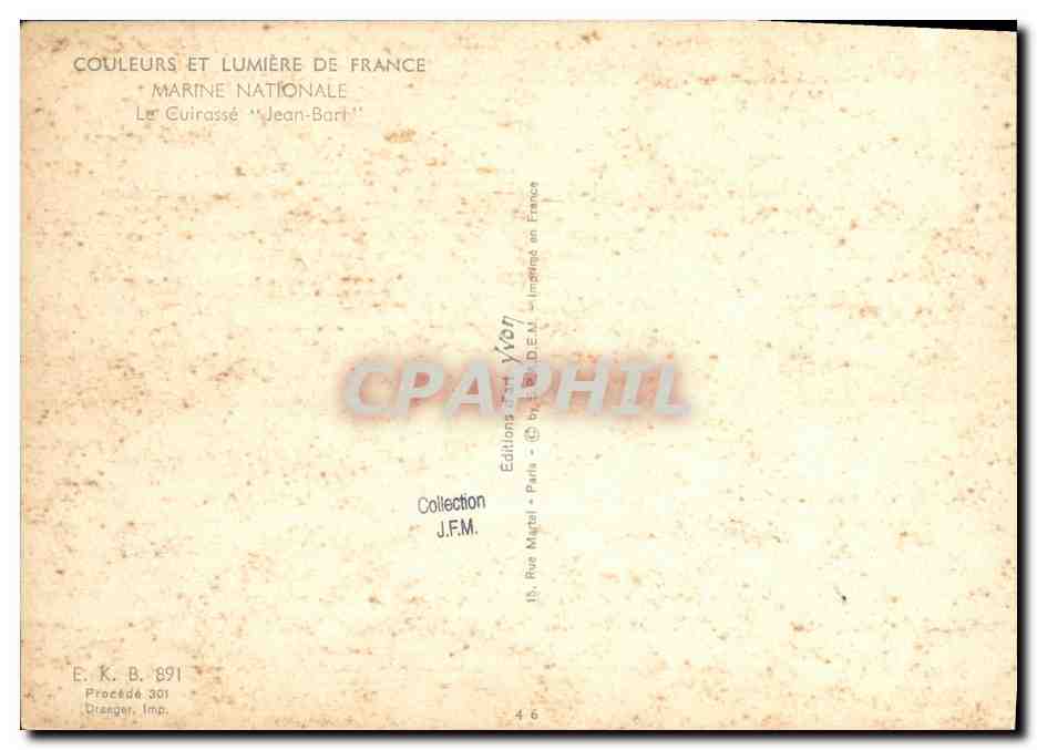 CPM Bateau Guerre Marine Nationale Le Cuirasse Jean Bart — Verso