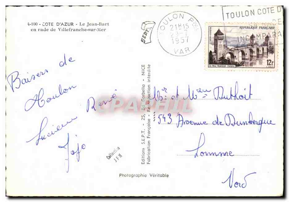 CPM Bateau Guerre Cote D Azur Le Jean Bart en Rade de Villefranche sur Mer — Verso