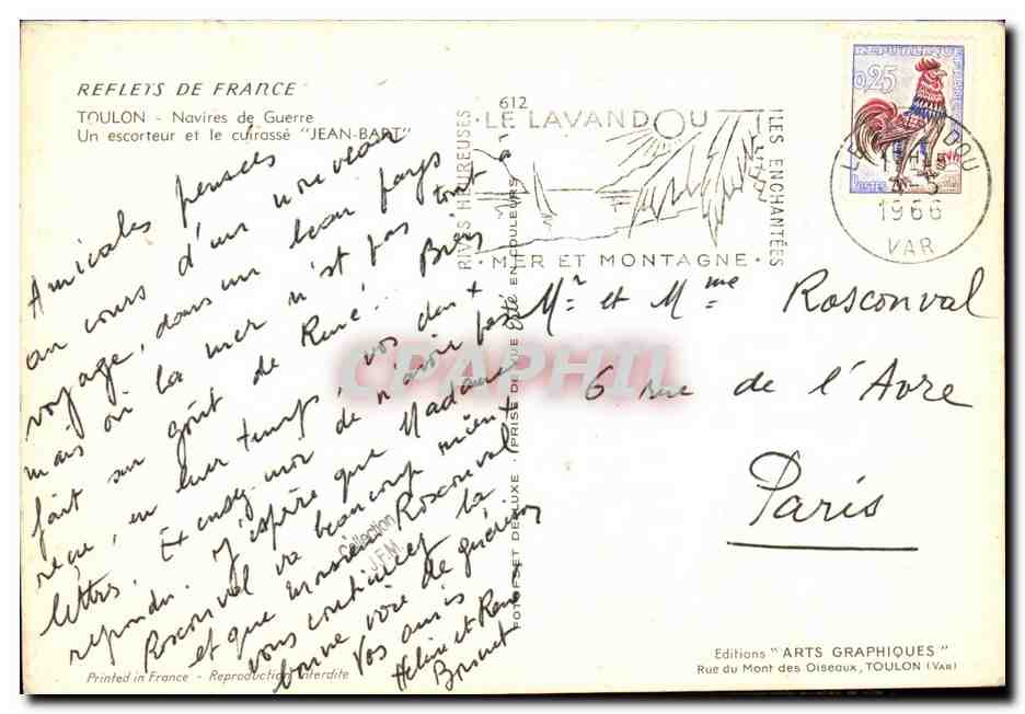 CPSM Bateau Toulon Un escorteur et le cuirasse Jean Bart — Verso