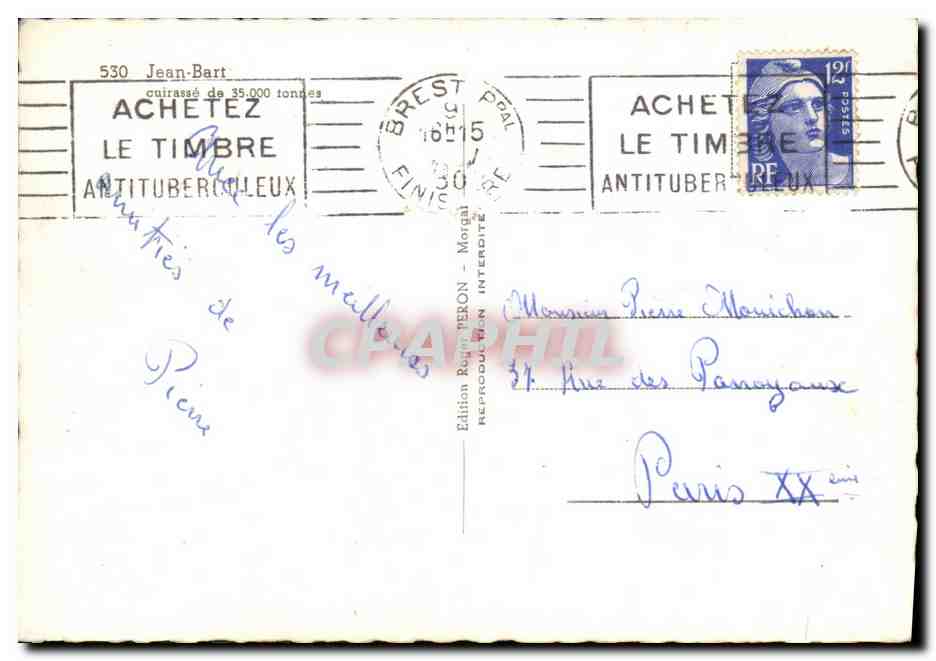 CPSM Bateau Jean Bart Cuirasse 35 000 tonnes — Verso