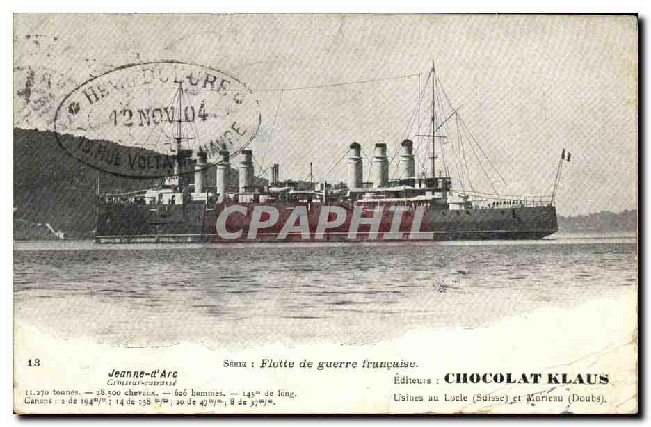 CPA Bateau Marine militaire Jeanne d arc Croiseur Cuirasse chocolat Klaus 