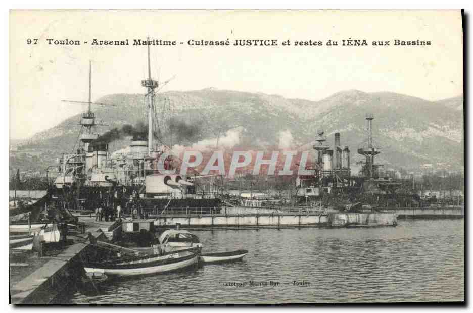 Toulon - Arsenal Maritime - Cuirassé JUSTICE et restes du IÉNA aux Bassins — Phototypie Marine Bar, n°97