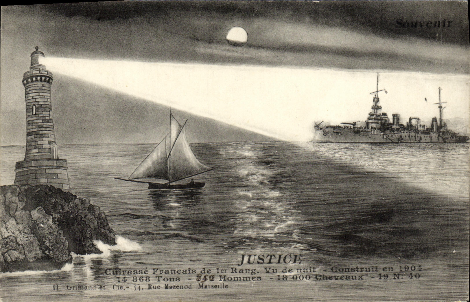 CPa La Justice cuirasse d escadre de 15000 tonnes Vu de nuit Phare 