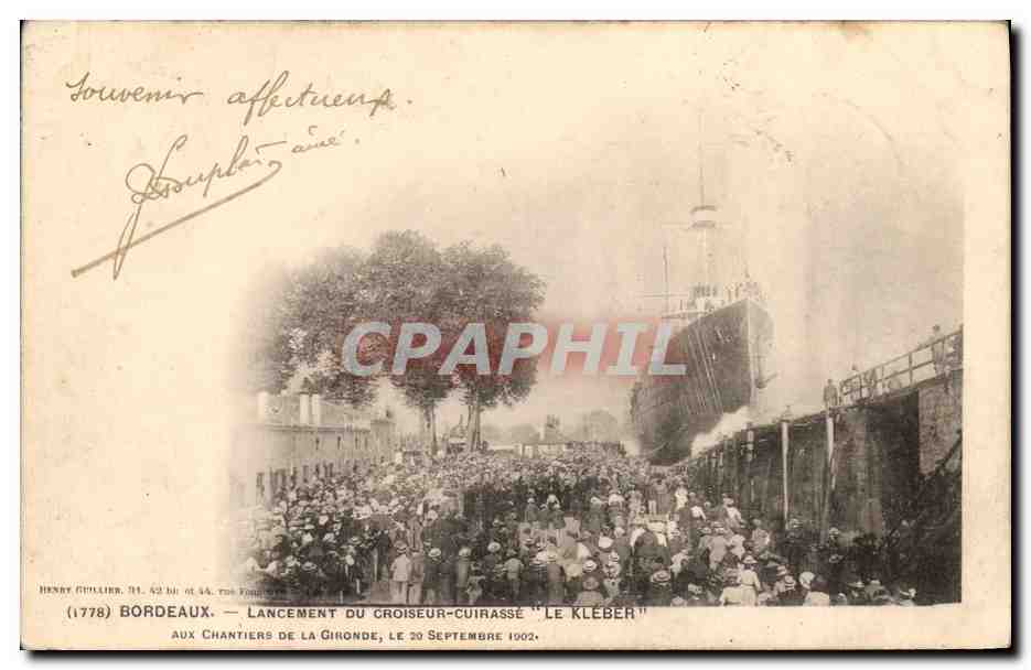 CPA Bateau Bordeaux lancement du croiseur cuirasse Le Kleber Chantiers de la Gironde 20 septembre 1902