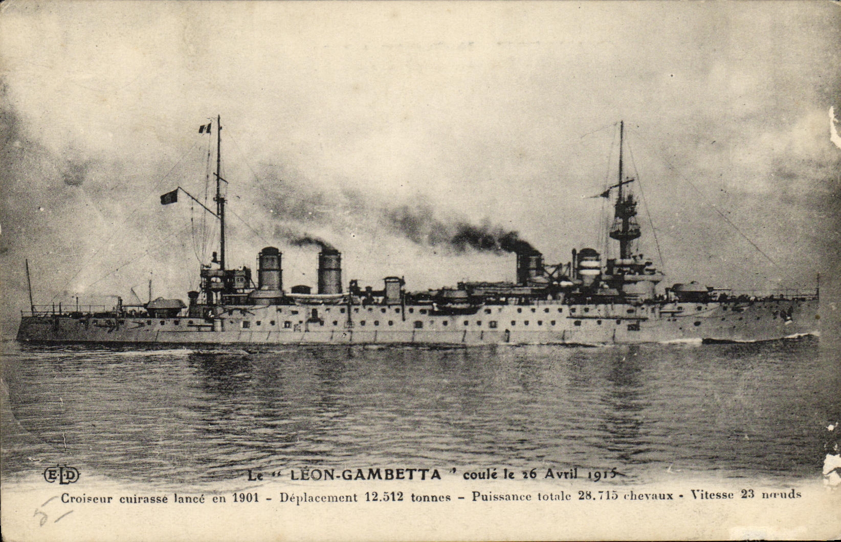 CPA Bateau Le Leon Gambetta Croiseur Cuirasse coule le 26 avril 1915