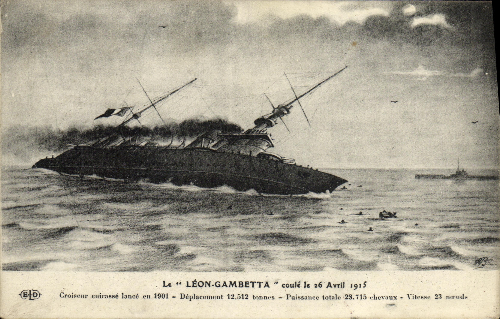 CPA Bateau Le Leon Gambetta Croiseur Cuirasse coule le 26 avril 1915