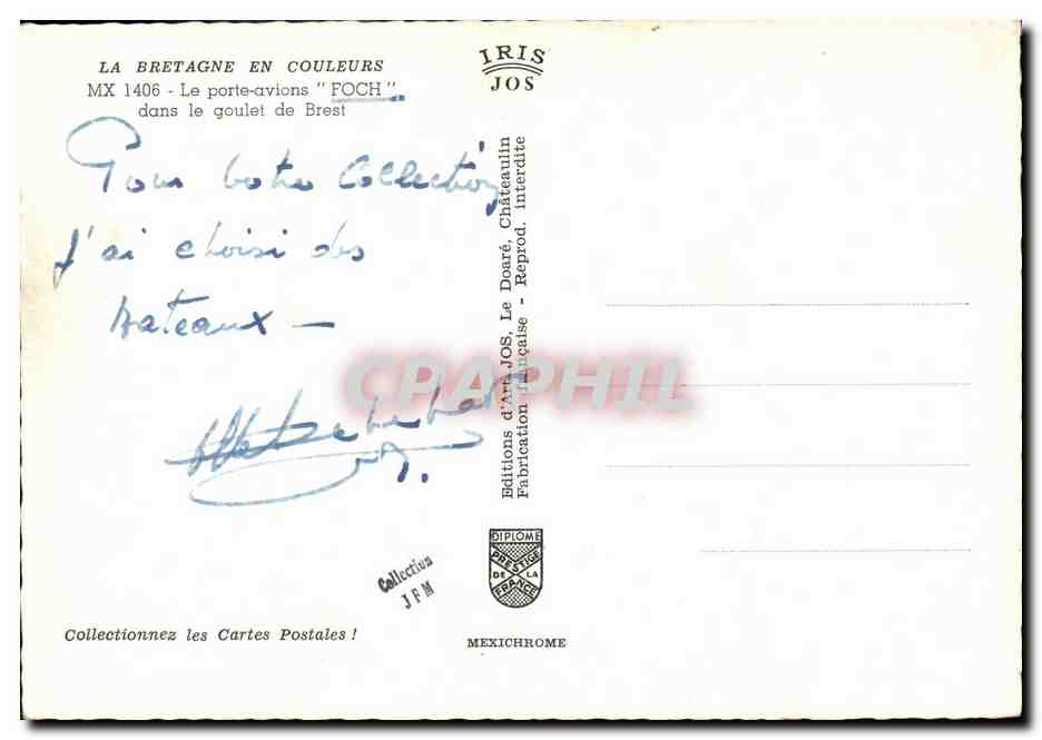 Le porte-avions "FOCH" — dans le goulet de Brest — Éditions d'Art JOS — Verso