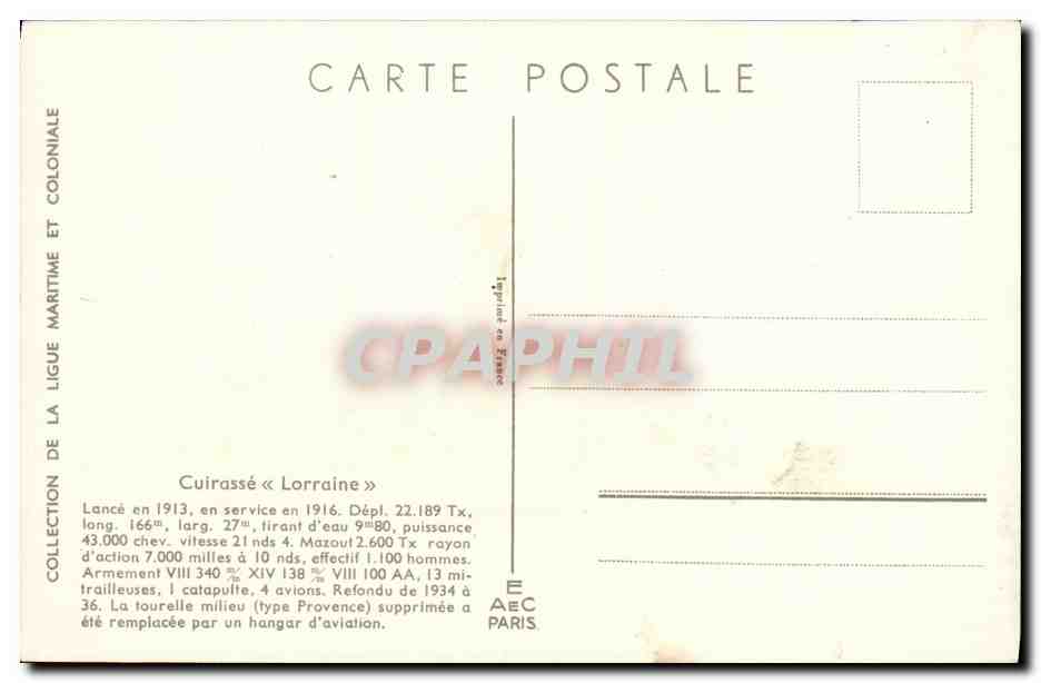 Cuirasse Lorraine — bateau de guerre — E. Hoffner — Verso